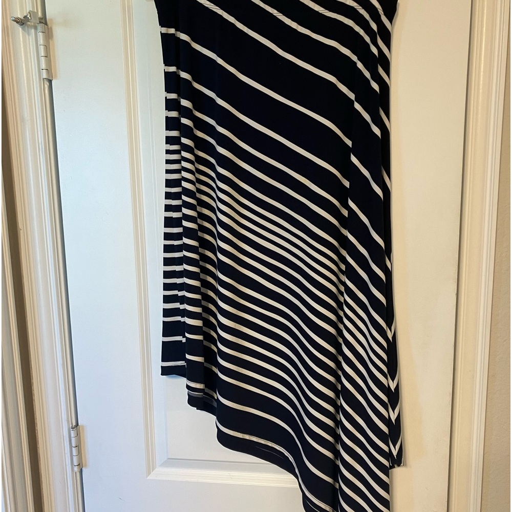 Chicos navy and white striped asymmetrical hem knit skirt